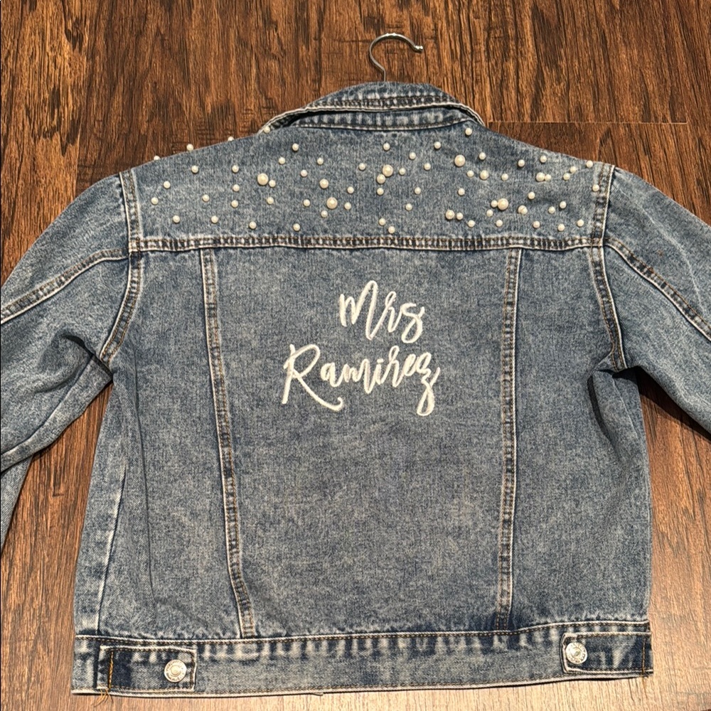 Custom Mrs. Ramirez pearl embroidered jean jacket
